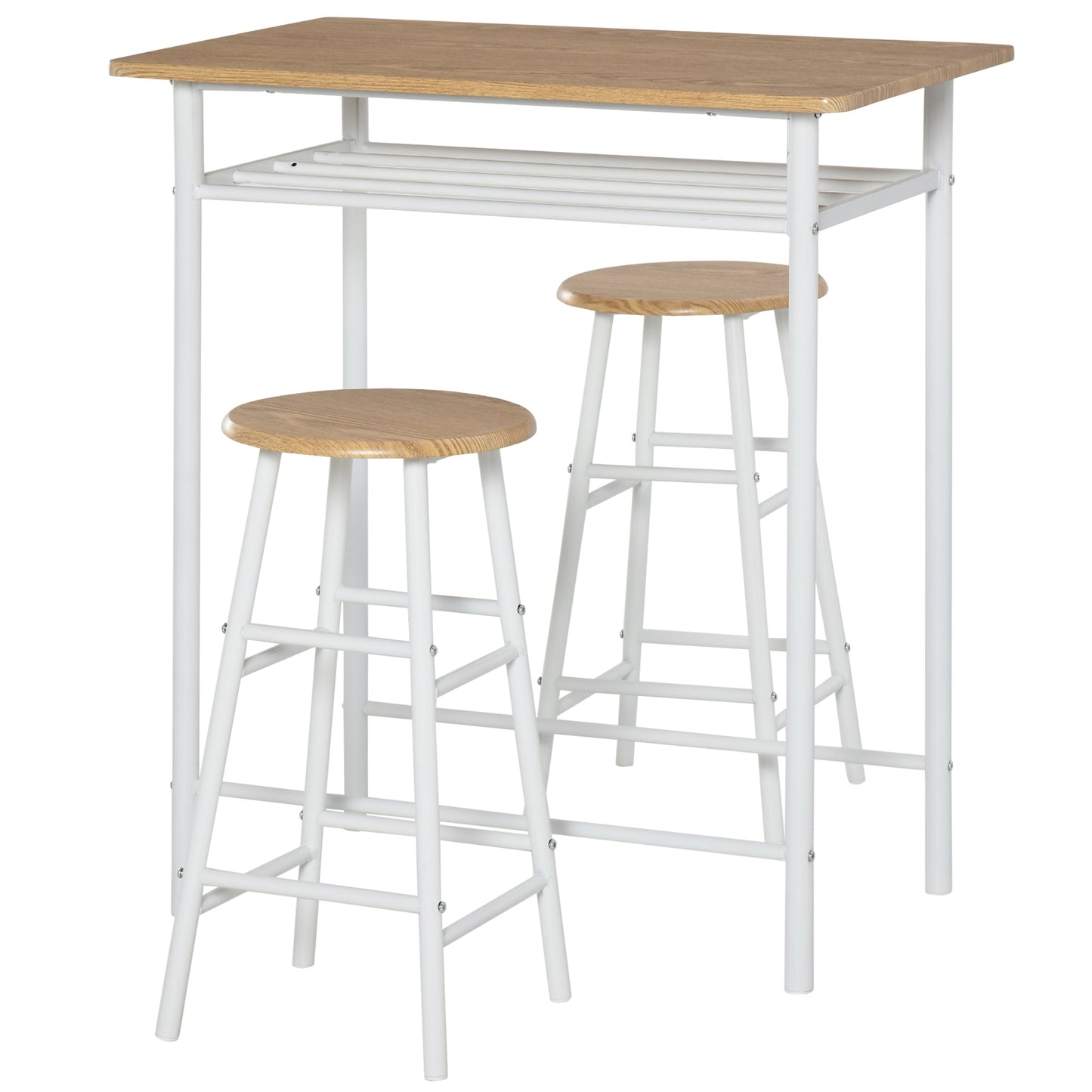 Set Bar counter with 2 high north -style wooden stools, high table with shelf and kitchen stools with footrests, white
