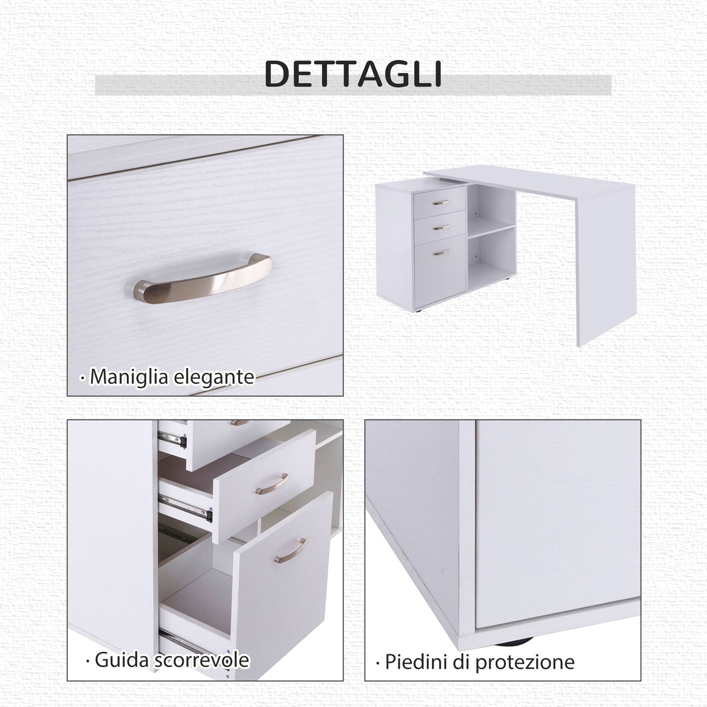 Corner PC Desk with 2 Drawers and Open Shelves, L-Shaped Corner Desk in Wood and Metal, 117x83. 5x76 cm, White