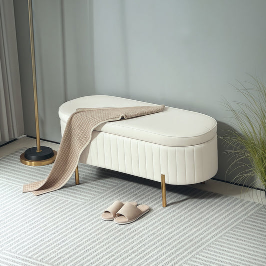 72L Oval Storage Bench with Lift-Top Lid, Velvet Fabric and Wood, 108x44x43.5 cm, Cream
