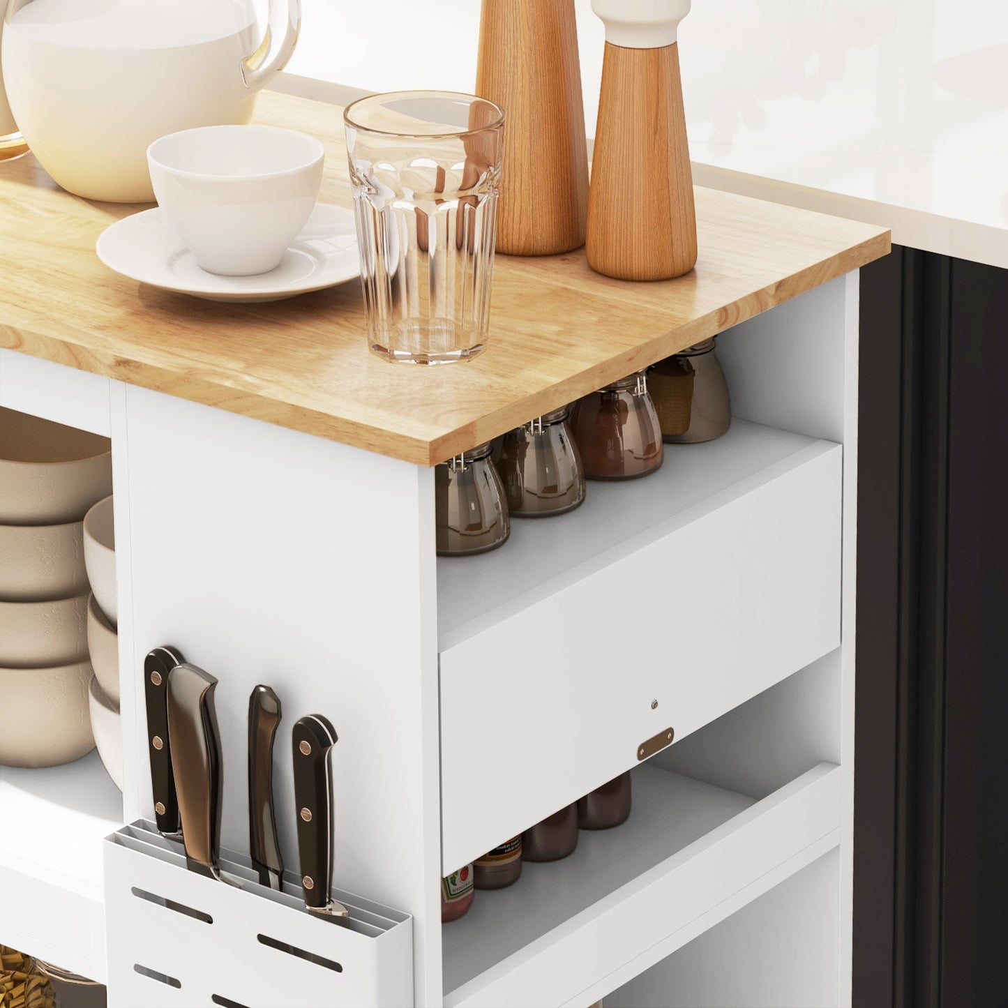Kitchen Island Cart with Adjustable Shelves, Knife Holder and Wooden Top, 86.5x47x88 cm, White