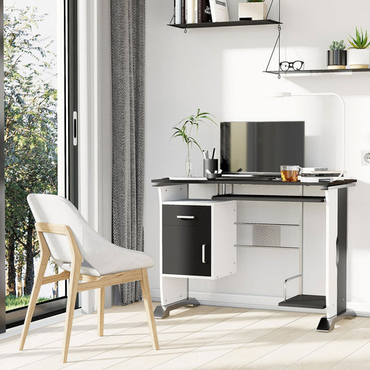 Computer Desk with Shelf, Drawer and Cabinet, in MDF and Iron, 100x52x75 cm, White and Black