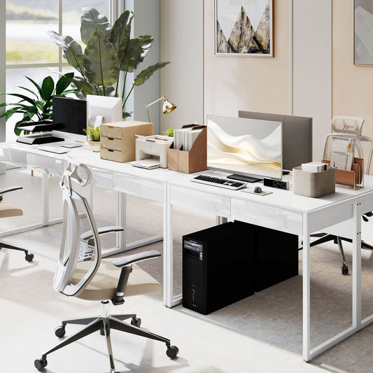 Modern Desk with 2 Drawers and Steel Legs, 100x50x75 cm, Gloss White
