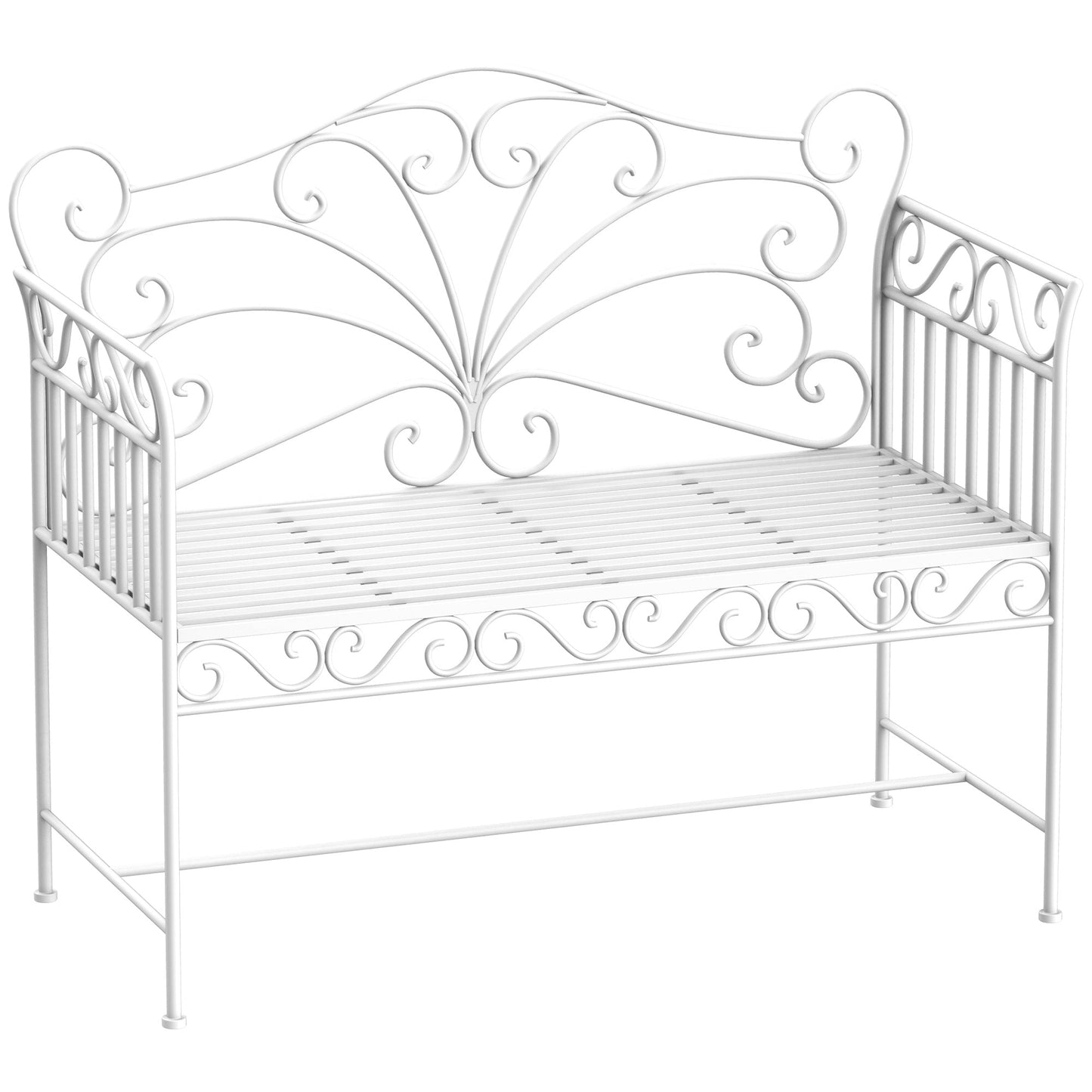 2-Seater Outdoor Bench, Romantic Style Iron Garden Bench 113.5 x 50 x 96cm White