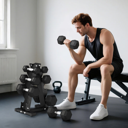 Hex Dumbbell Set with Stand and Non-Slip Grip, 2x2kg, 2x5kg, 2x8kg, 2x10kg, Black