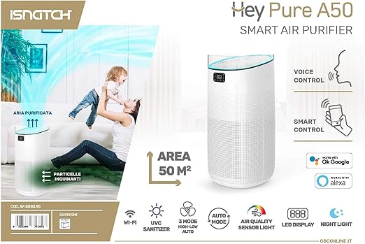 50W, Air Purifier, Wi-Fi, Smart, Digital display, White, ISNATCH