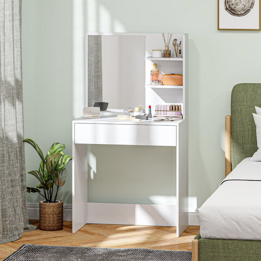 Dressing Table with Mirror, 3 Corner Shelves and Drawer, Wood and Glass, 75x40x137 cm, White