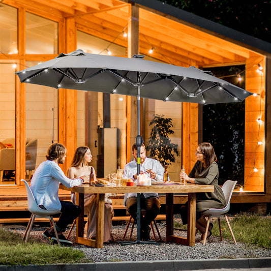 Double Parasol with Cross Base and Solar Lights, 295x150x219cm, Grey