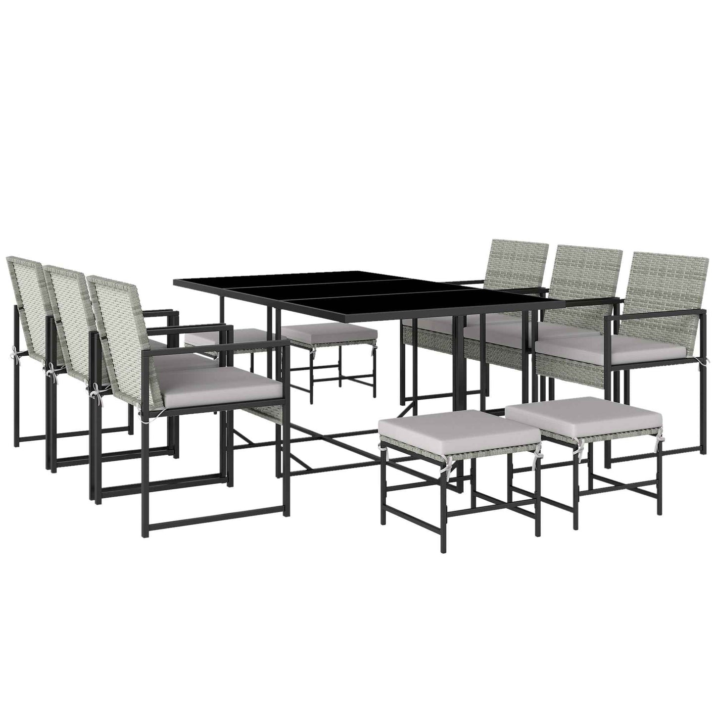 11-Piece Patio Dining Set, Outdoor Furniture with 6 Armchairs, 4 Ottomans, Grey