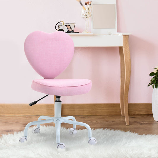 Heart-Shaped Desk Chair with 5 Wheels and Adjustable Height in Pink Fabric, 40x50x79-89cm