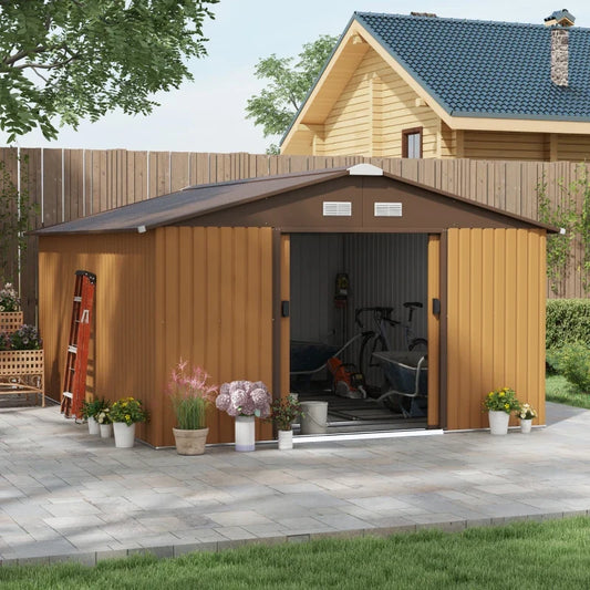 Garden Shed with 2 Sliding Doors and 4 Vents in Steel, 340x386x200cm, Yellow