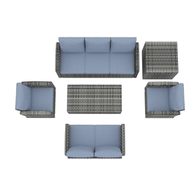 6-Piece Outdoor Set with 2 Storage Tables, 2 Sofas and 2 Armchairs, in Rattan and Steel, Grey