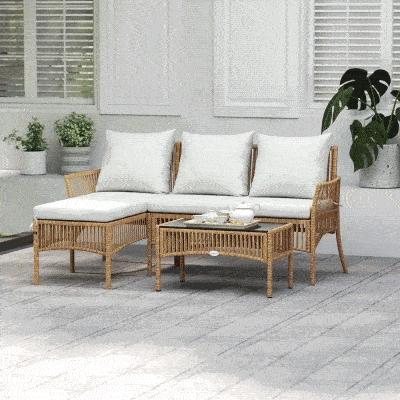 3-Piece Garden Set with Sofa, Chaise Longue and Coffee Table, Steel and PE Rattan, Cream