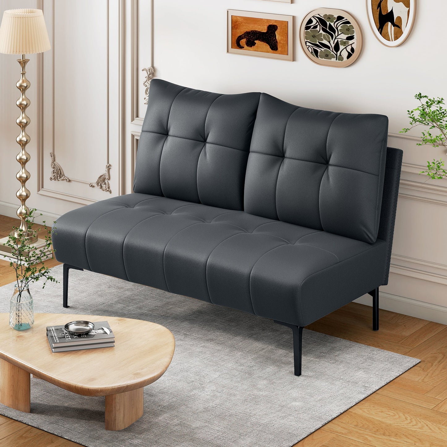 2-Seater Faux Leather Sofa with Armrests and Button Quilting, 115x73x83 cm, Black
