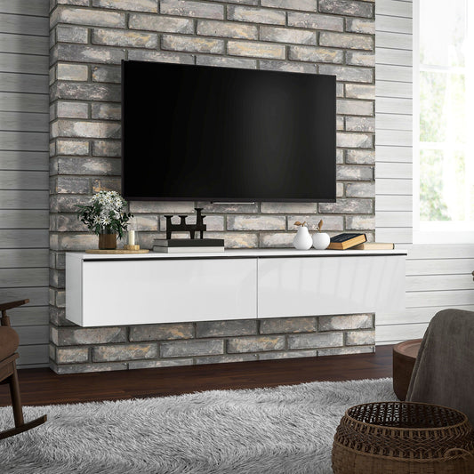 Wall-Mounted TV Cabinet with Wooden Drop-Door Cabinets, 160x35x30 cm, Gloss White