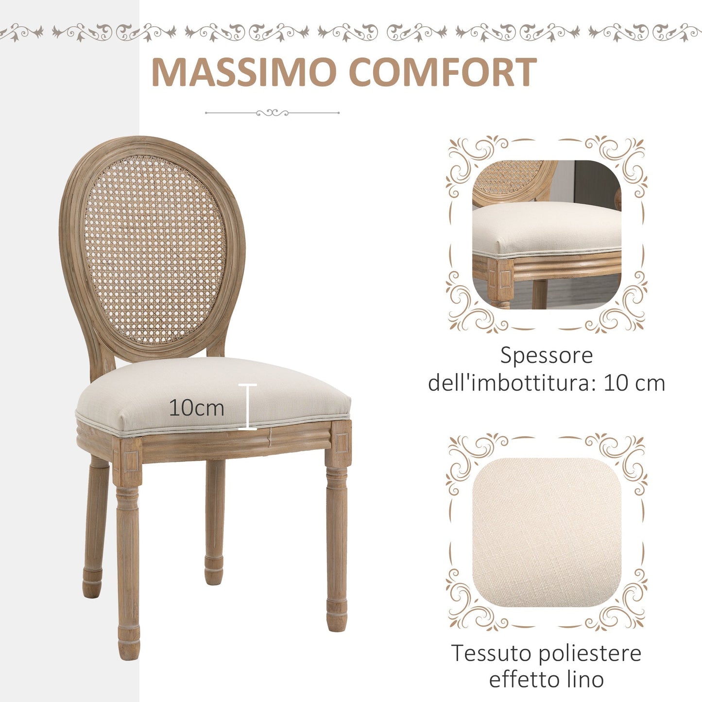 Set of 2 Vintage Style Living Room Chairs with Perforated Backrest, in Wood and Fabric, 49x56x96cm, Cream White
