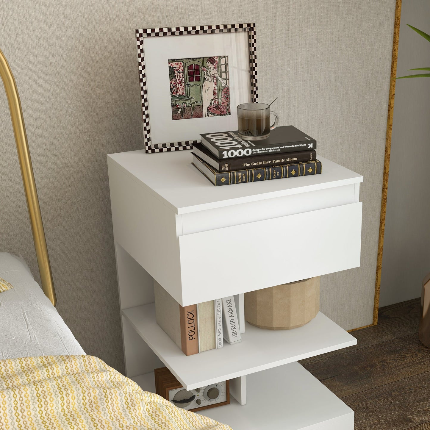 Modern Bedside Table in Chipboard and MDF with a Drawer and 2 Shelves, 39x39x65 cm, White