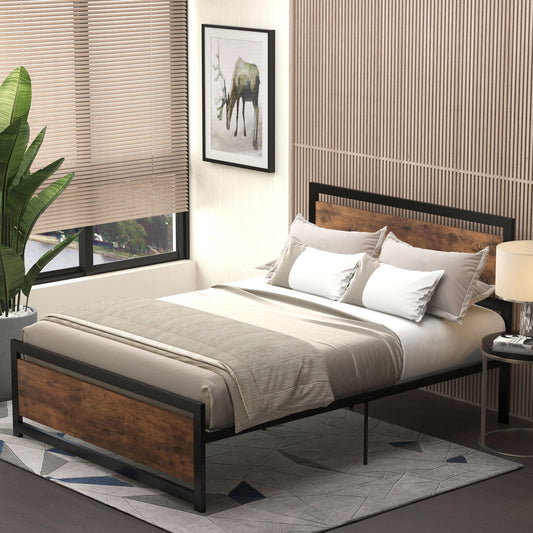 Queen Size Wooden and Steel Bed Frame with Industrial Style Slats, 140x200cm