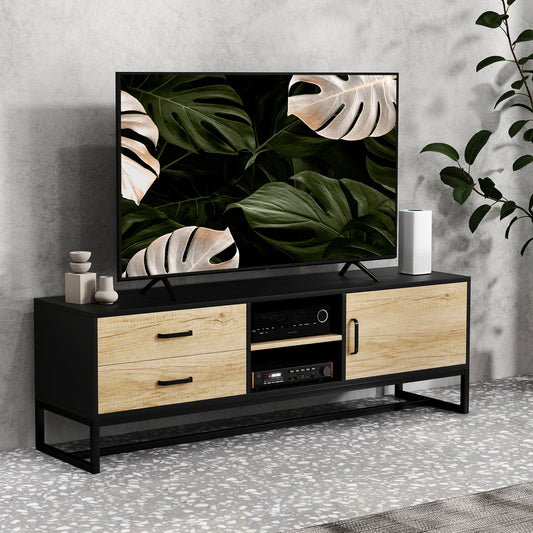 TV Cabinet 60" with Cabinet, 2 Drawers and Open Shelves, 140x35x45 cm, Natural Wood