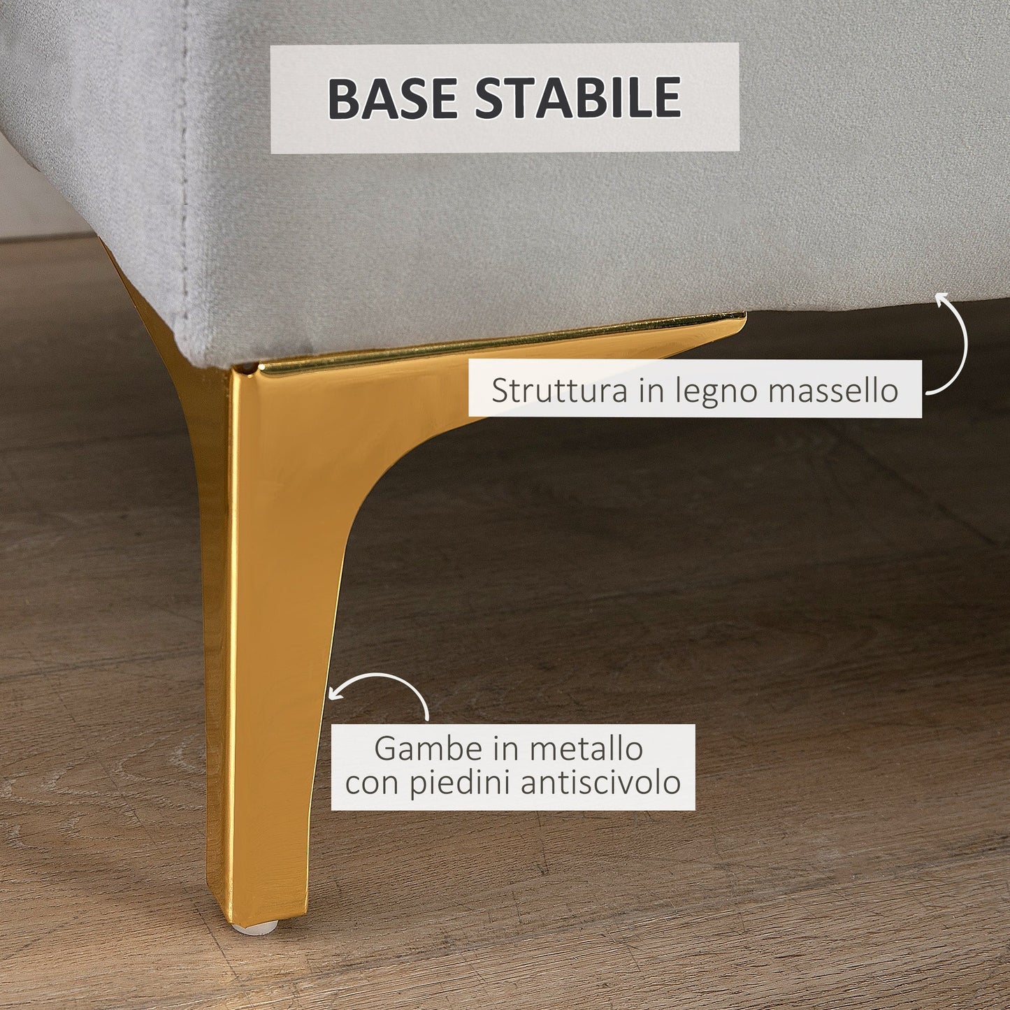 Upholstered Bench Bed Base in Velvet Fabric and Gold Metal Base, 118x45x42cm, Grey