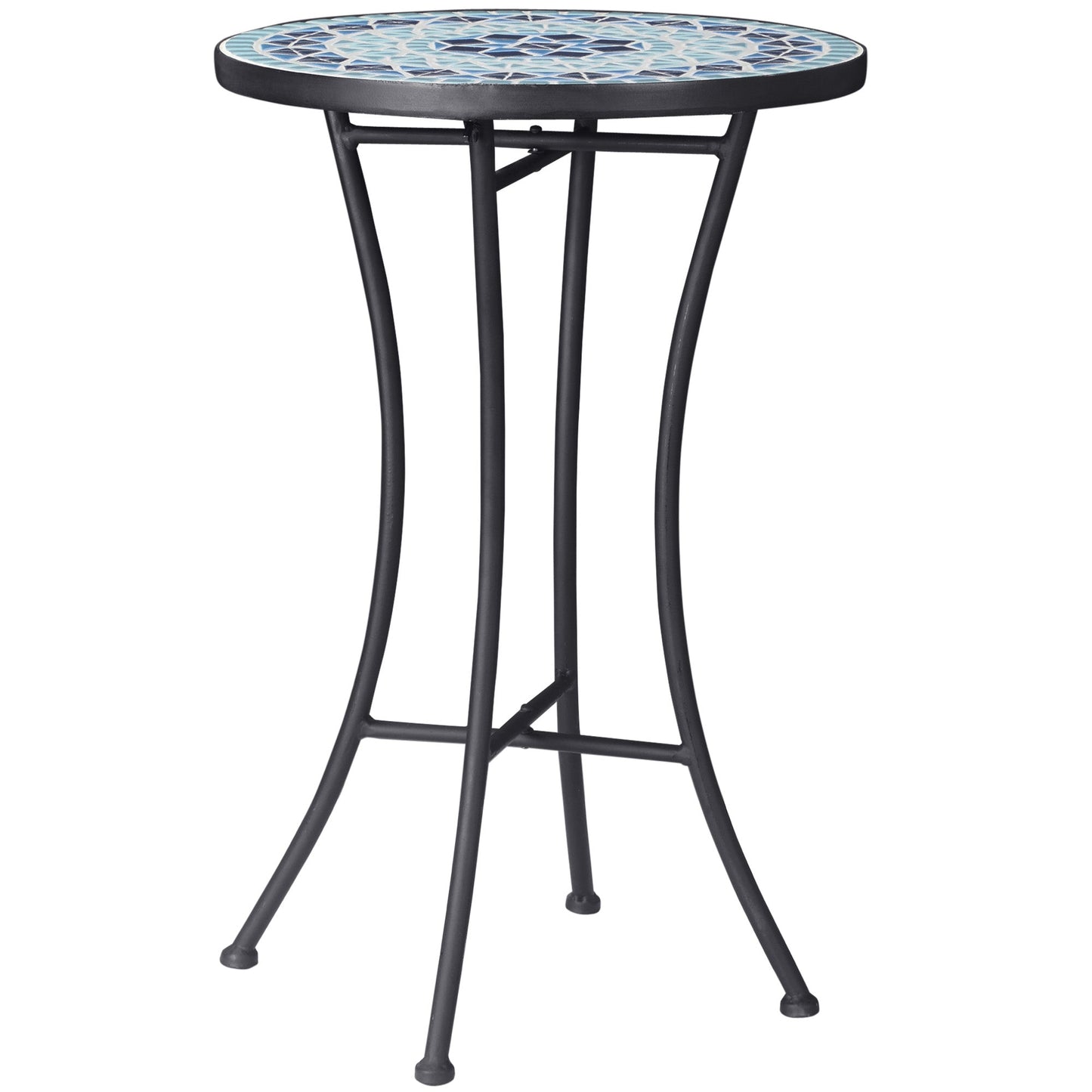 Round Metal Garden Coffee Table with Ceramic Top, Mosaic Design, Ф35.5x53.5cm, Blue