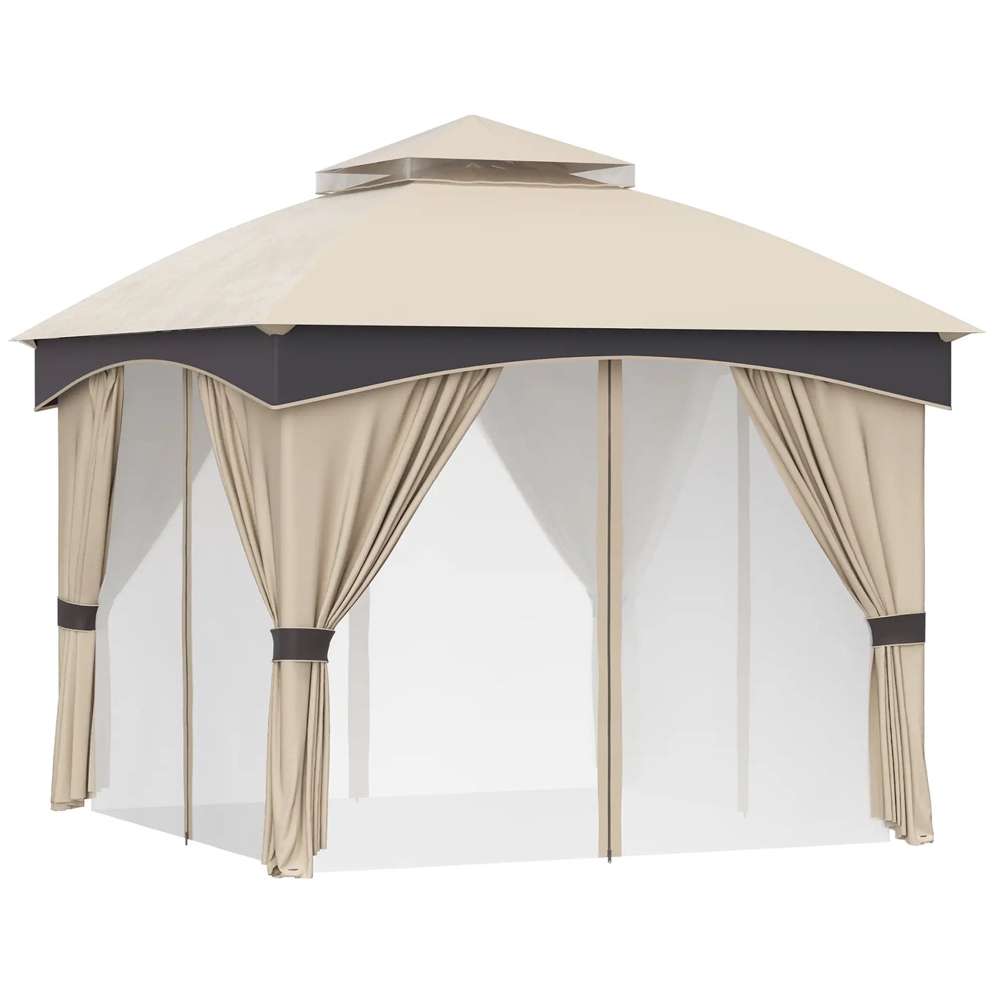 3x3m Steel Garden Gazebo with Double Roof and Curtains, Beige and Grey