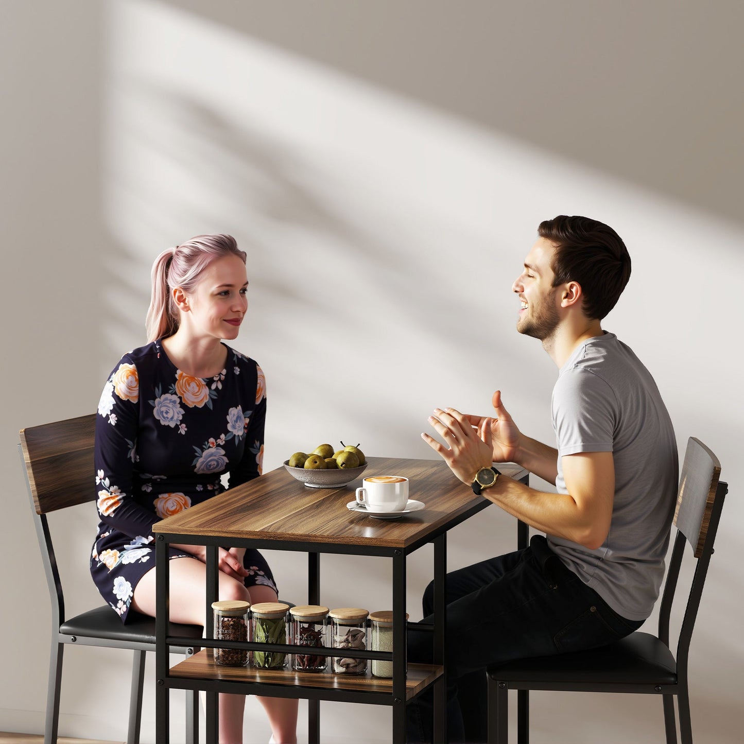 3-Tier Bar Table and 2 Stools with Footrest and Backrest, Wood and Steel, Black and Walnut