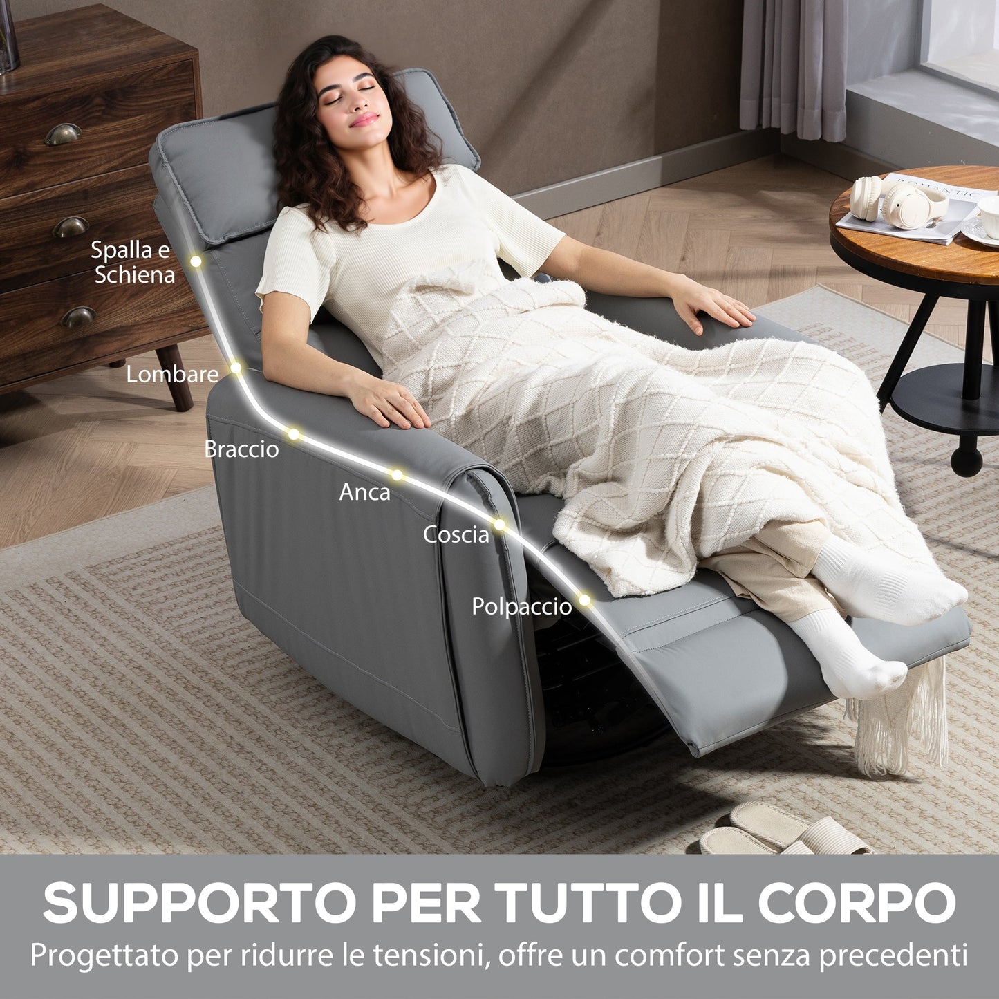 Manually Reclining Relaxing Chair with Leather-Effect Fabric Footrest and Swivel Base, Grey