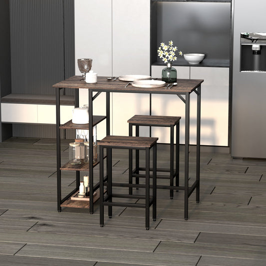 Industrial Style High Table Set with 2 Stools and Shelf in Metal and Wood, Modern Bar and Kitchen Furniture, Rustic Brown