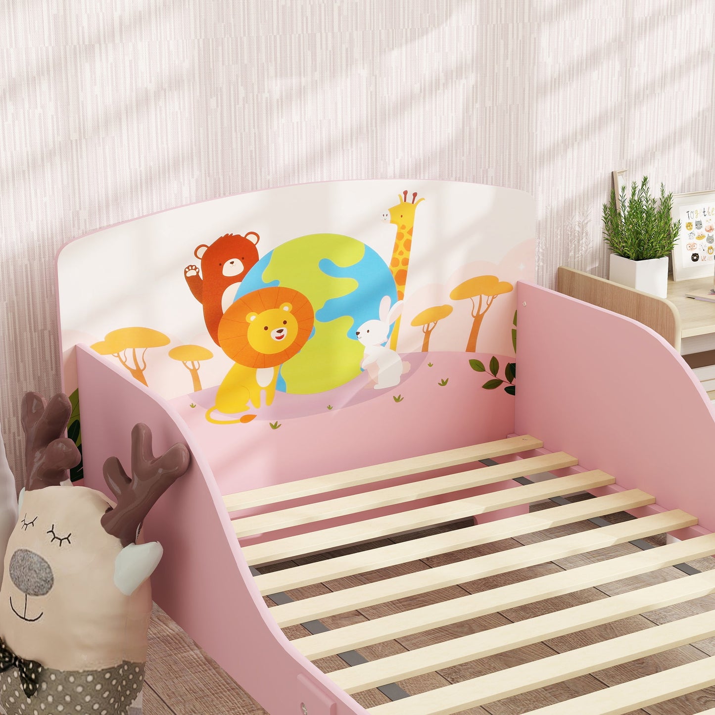 Wooden Cot for Children 3+ Years with Raised Edges and Safety Rails, 143x77x60 cm, Pink
