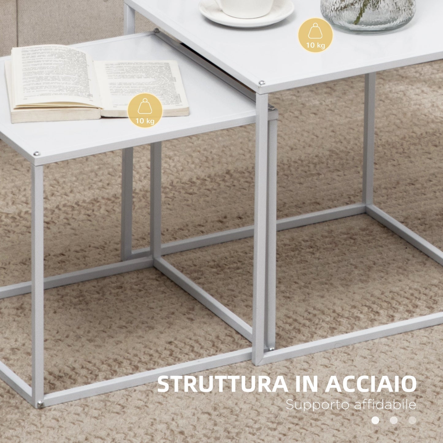 Set of 2 Stackable Square Steel Coffee Tables, White