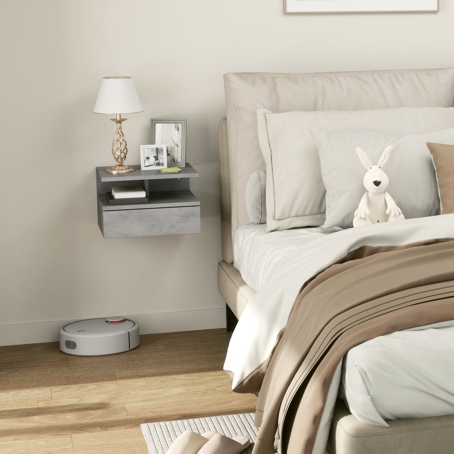 Set of 2 Suspended Bedside Tables for the Bedroom with Drawer and Wooden Shelf 35x32x22.5cm, Gray