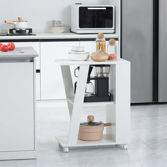 Wooden Kitchen Trolley with 2 Shelves and Wheels, 60x38x77cm, White