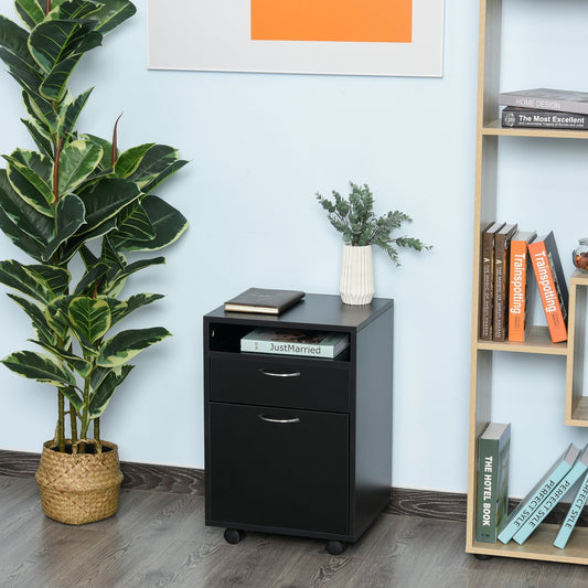Office Filing Cabinet with Drawer, Lockable Storage Cabinet, Lockable Casters and Open Shelf, Office Drawer Unit for Letter/Legal/A4 Format, Vertical Storage Cabinet for Study, 40x35x60 cm, Black