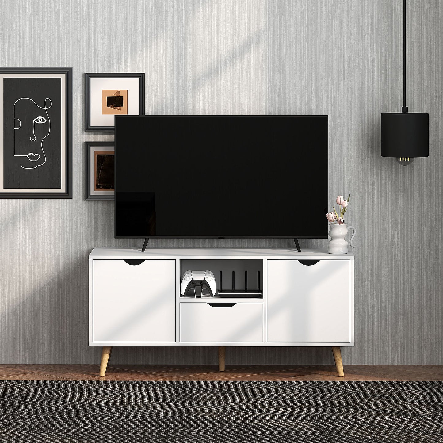 TV Cabinet max 50" with Drawer, Open Shelf and Cabinets, 110x40x50 cm, White and Wood