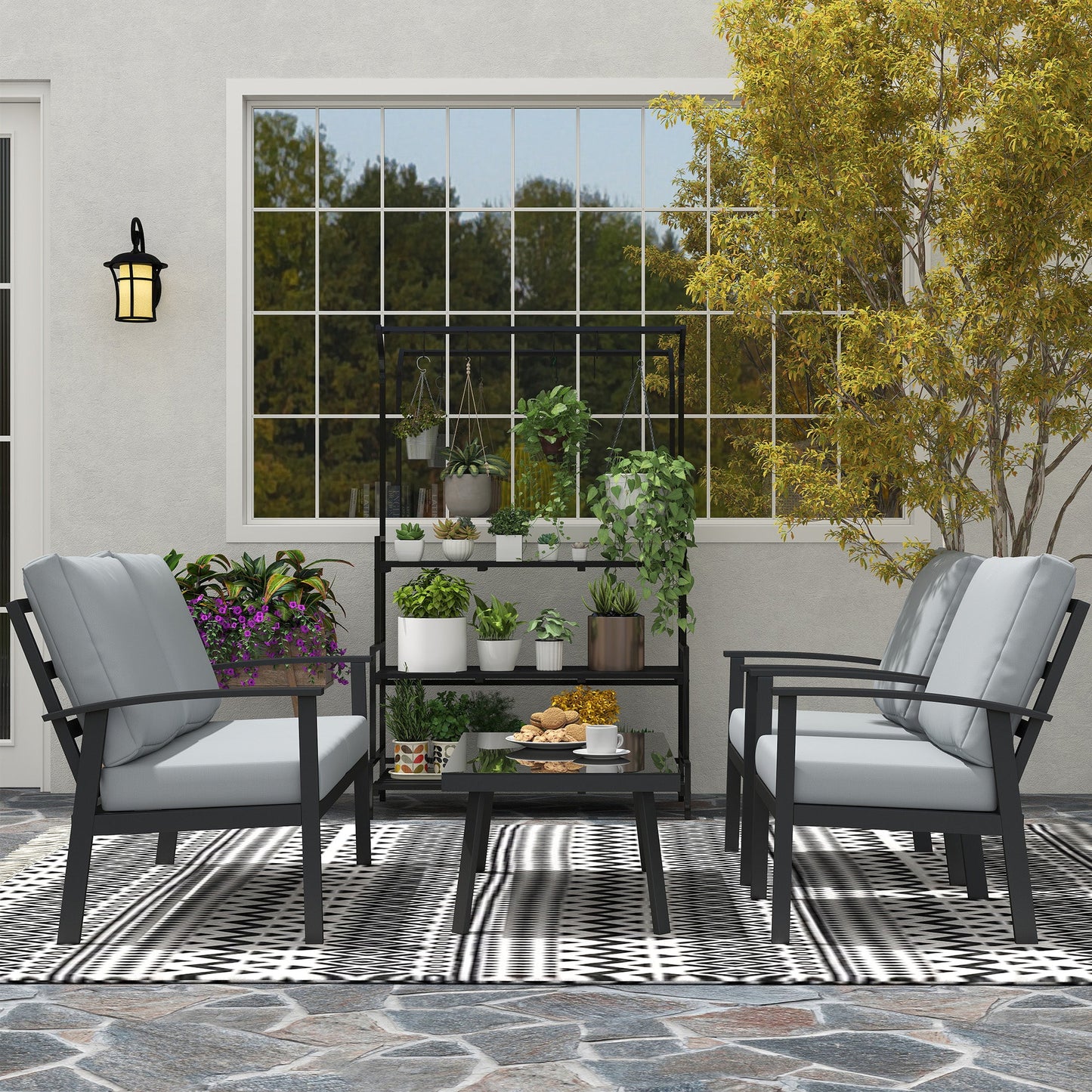DULA | 4 Piece Garden Set with 2 Armchairs, 2 Seater Sofa and Coffee Table, in Aluminum and Fiber, Charcoal Gray