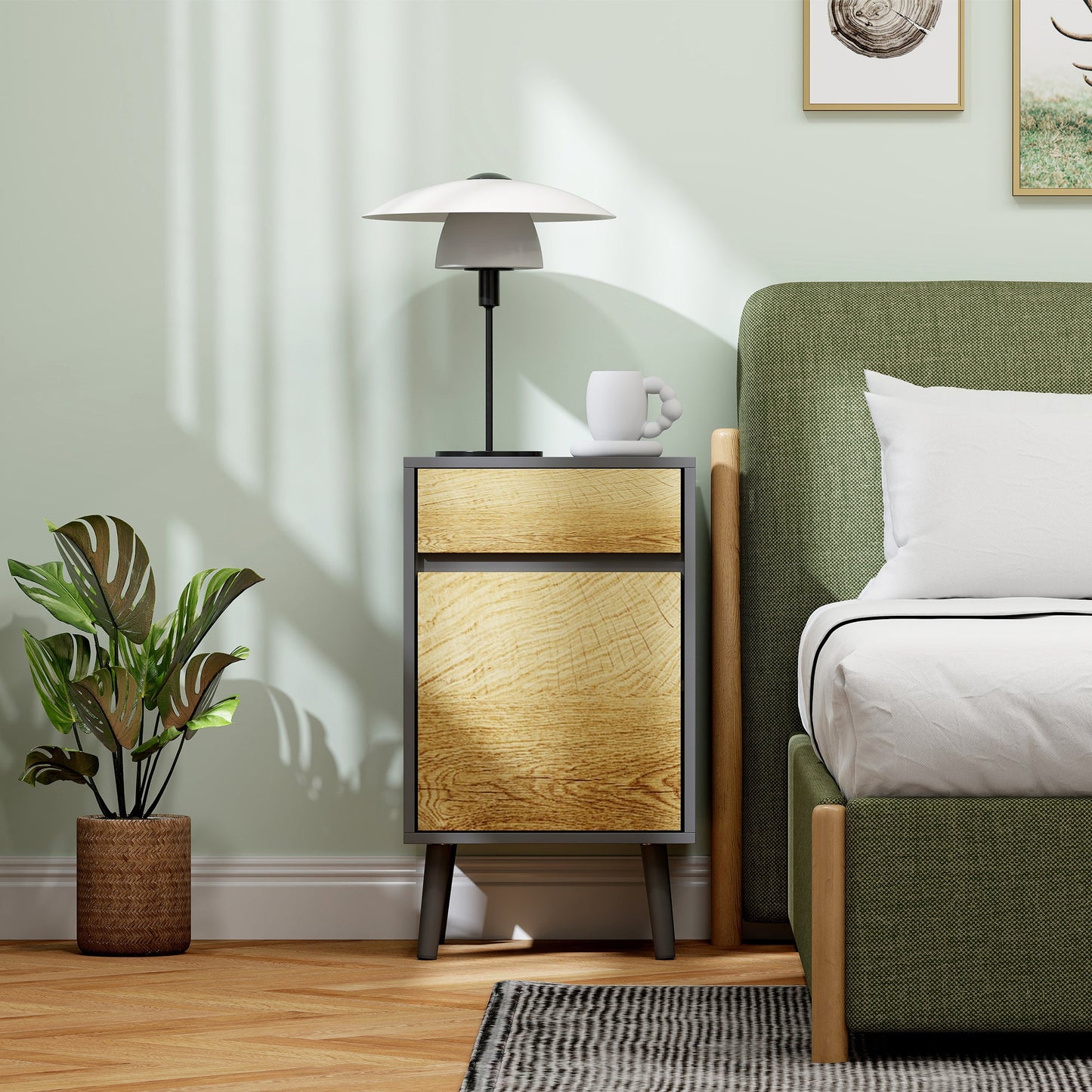 Modern Handleless Nightstand with Drawer and Cabinet, 40x39x69 cm, Dark Grey and Wood