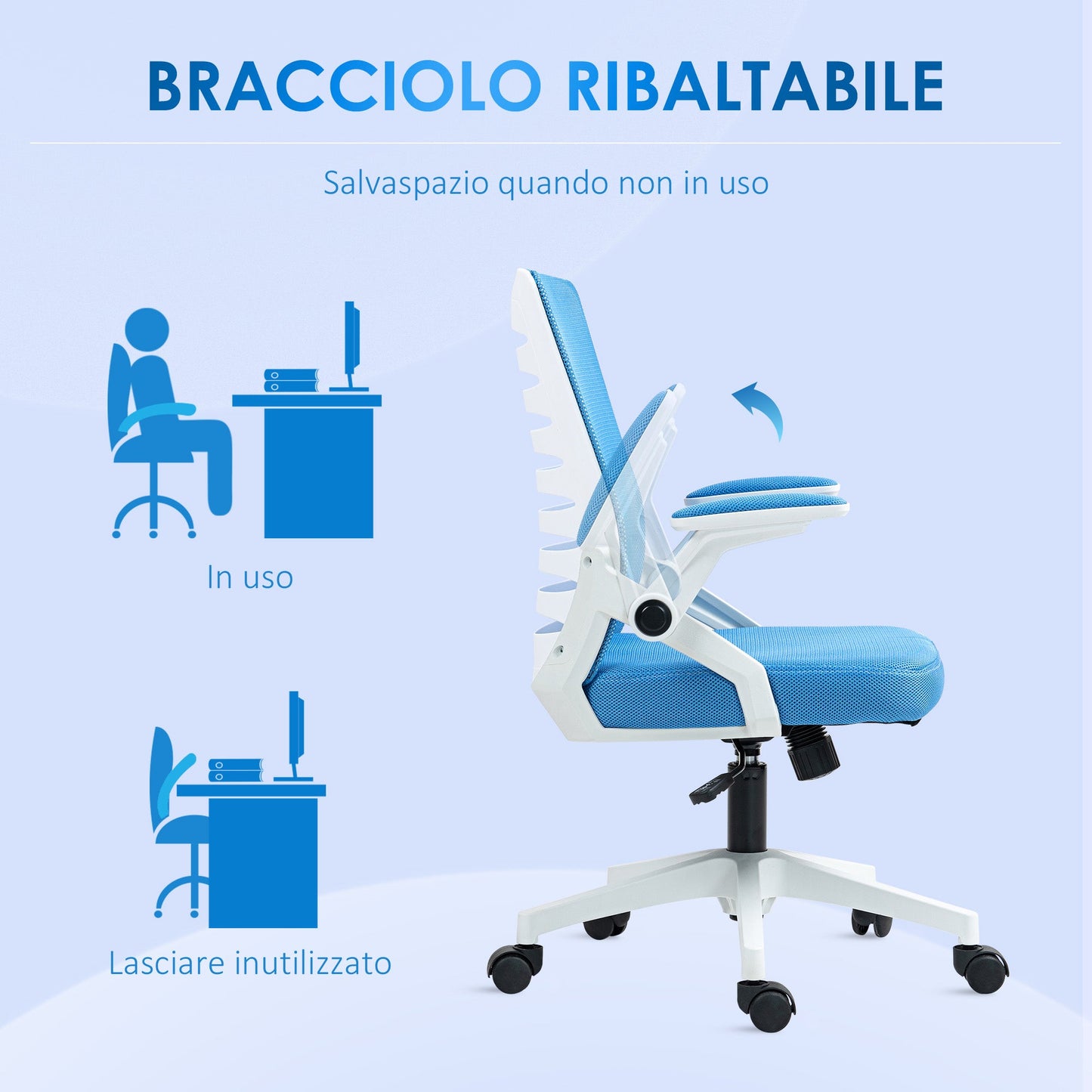 Ergonomic Swivel Chair with Adjustable Height and Armrests, 54x54x89-99 cm, White and Blue