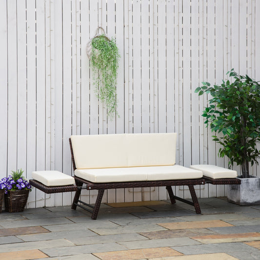 2 Seater Sofa with Extendable Armrests for Garden Rattan 129x63x67cm White, Brown