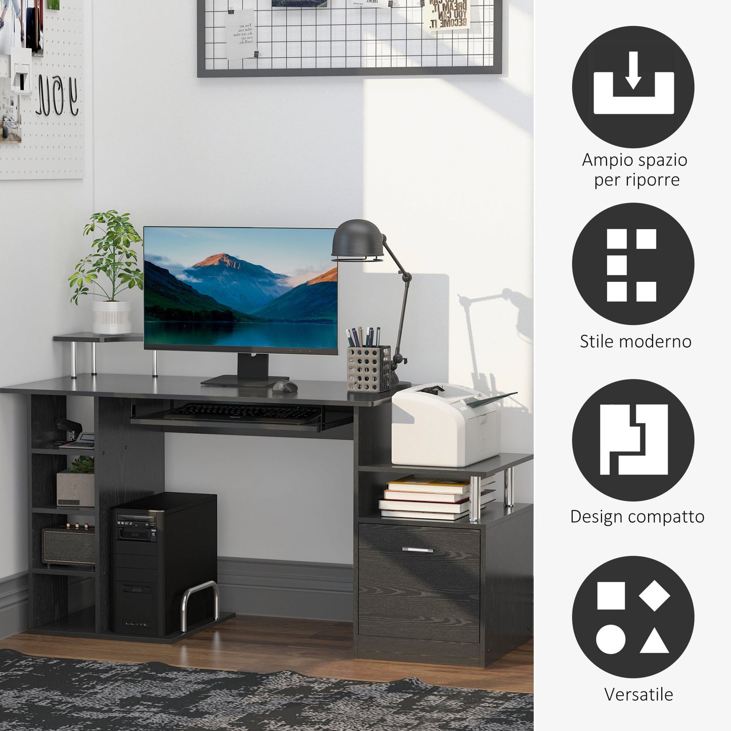 Desk for modern computer with drawers, shelves and removable keyboard, office desk for black wooden wood 152x60x88cm