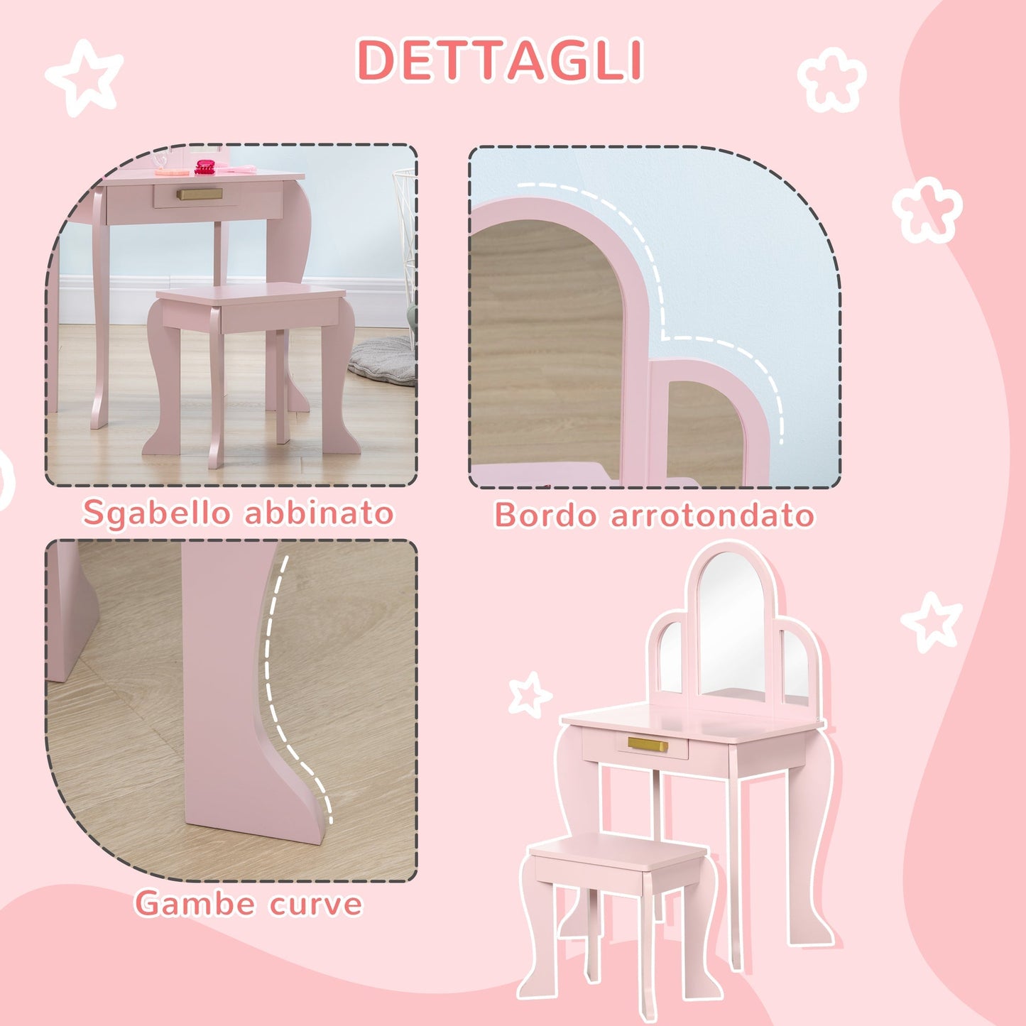 Girls Makeup Table with Stool, Drawers and Matching Mirror in Acrylic, Pink