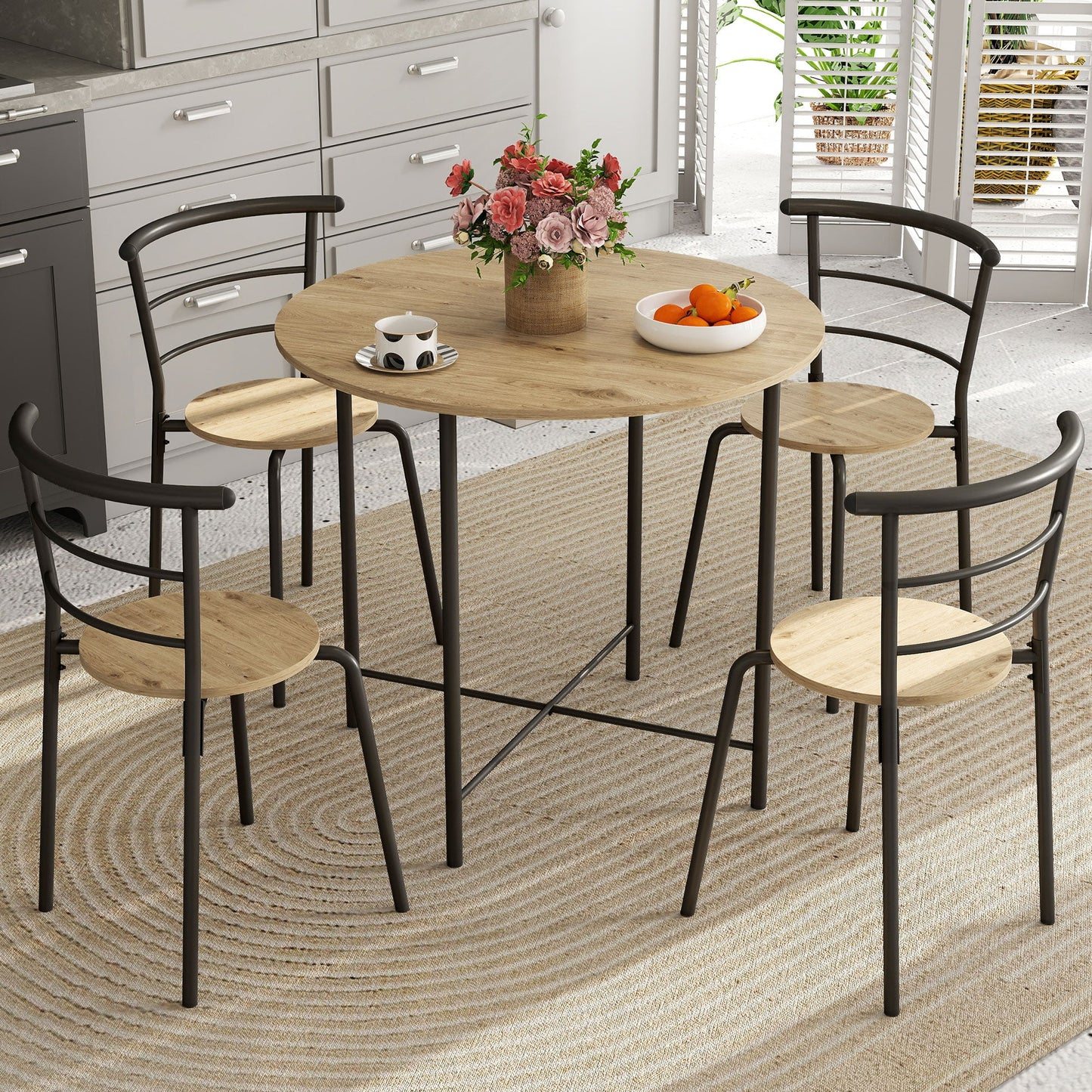Round Dining Table Set with 4 Space-Saving Chairs in Wood and Metal, Industrial Style