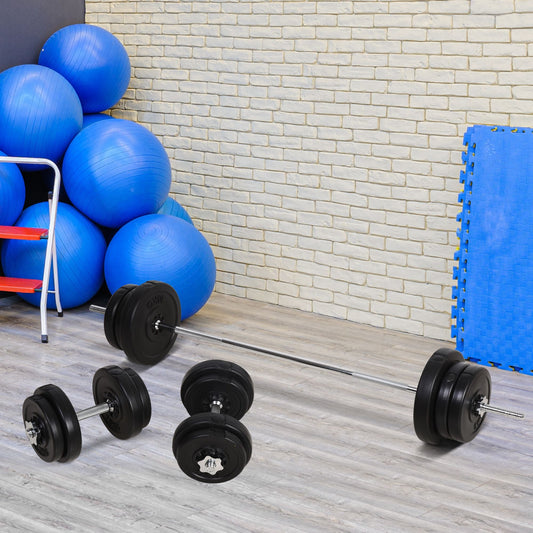65kg Barbell and Disc Set with 2 Dumbbells, Gym Barbell Dumbbells with 14 Steel and Plastic Discs