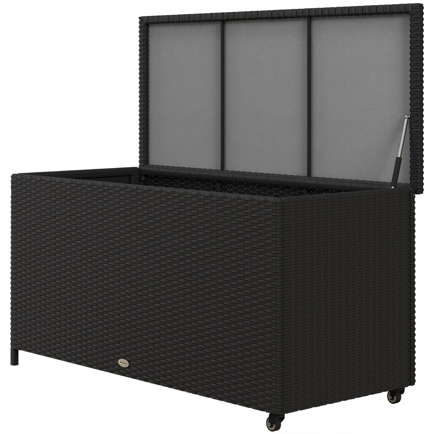 PE Rattan Garden Storage Chest with Wheels and Side Handle, 121x57x67cm, Black