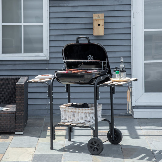 Charcoal Barbecue with Lid, Shelves and Wheels, Complete with Spatula, Tongs and Knife, Black