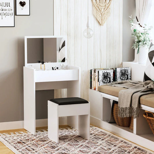 White Vanity Table with Mirror and Upholstered Stool