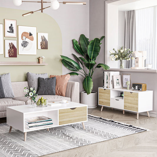 Modern TV Stand max 50" in Chipboard with Drawers, Open Shelves and Cabinets, 110x40x50 cm, White and Wood Color