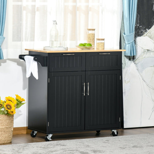 Multipurpose Wooden Kitchen Cart with 2 Drawers, Cabinet and 4 Wheels, 104x46x91cm, Black