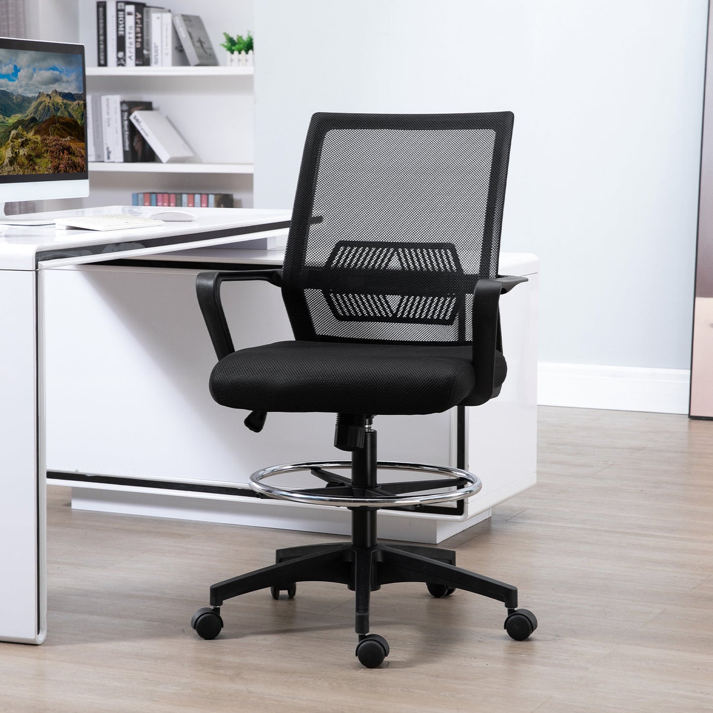 Adjustable Mesh Office Chair with Armrests and Footrest Ring, 64x59x104-124 cm, Black