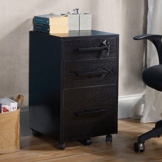Office File Cabinet with 3 Lockable Drawers, Wooden, Black, 39.2 x 40 x 65.4cm