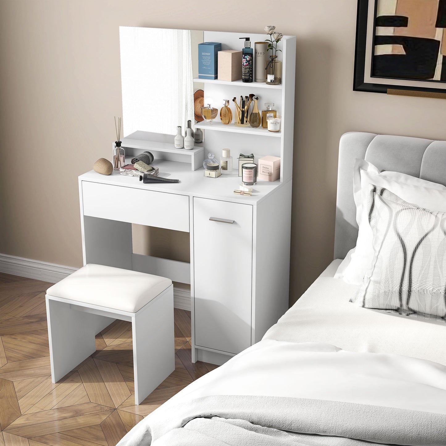 Dressing Table with Mirror and Stool, Drawer, Cabinet and Wooden Shelves, White